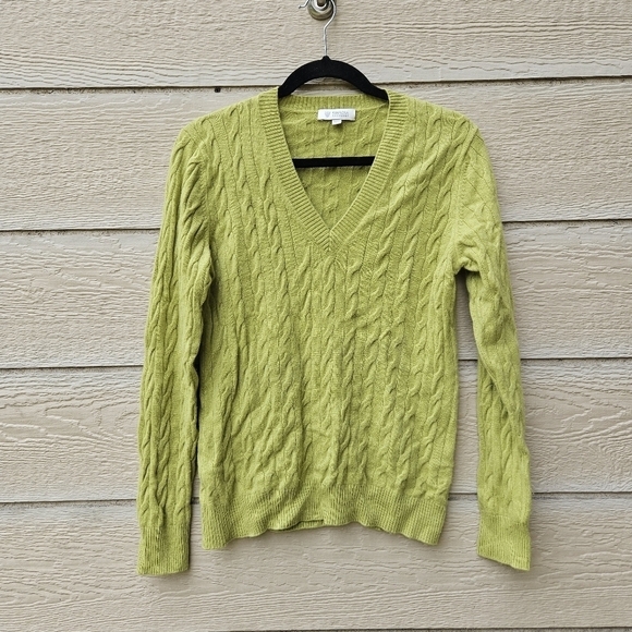Kinross Cashmere spring green cable knit v-neck sweater large - Picture 1 of 5